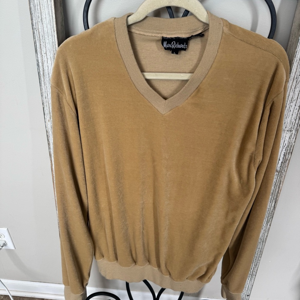 Marc Richards Vintage Velour‎ Pullover Sweater Tan V-Neck L Made in Taiwan